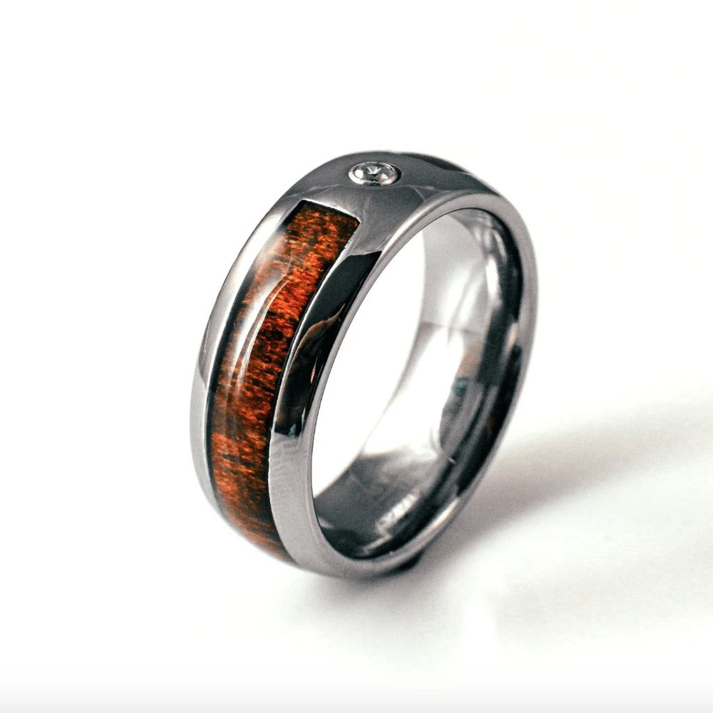 Mens Tungsten Mahogany Inlay 8mm Cubic Zirconia Wedding Band Ring Size 10 - Picture 3 of 3